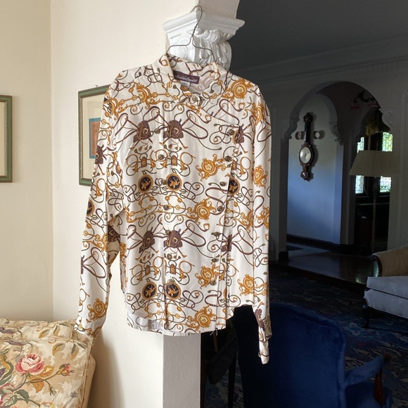 Alexander Campbell 2 pieces Brown & Gold Equestrian Hunt Print Blouse & Skirt 12 - Picture 3 of 16